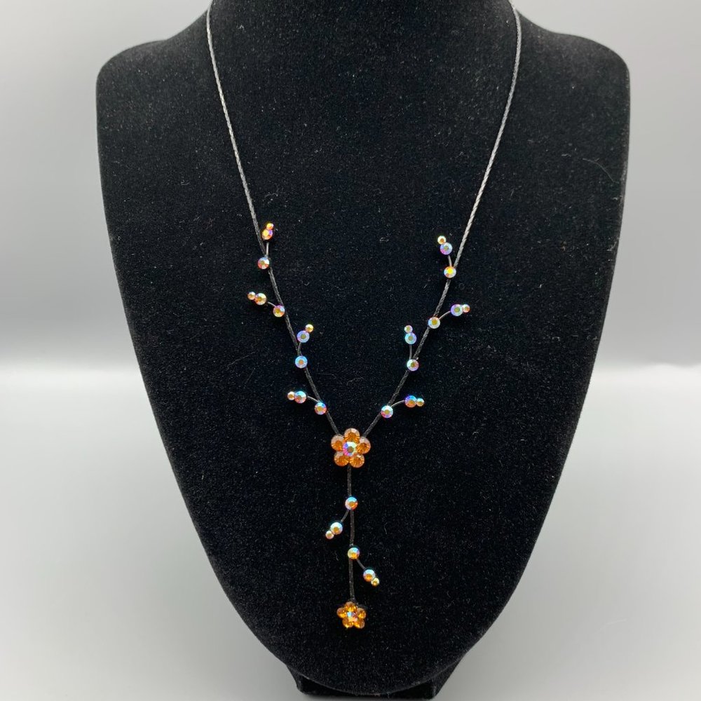 Beautiful 18 inch Black Chained Necklace with Peach Faceted Jewel Flowers